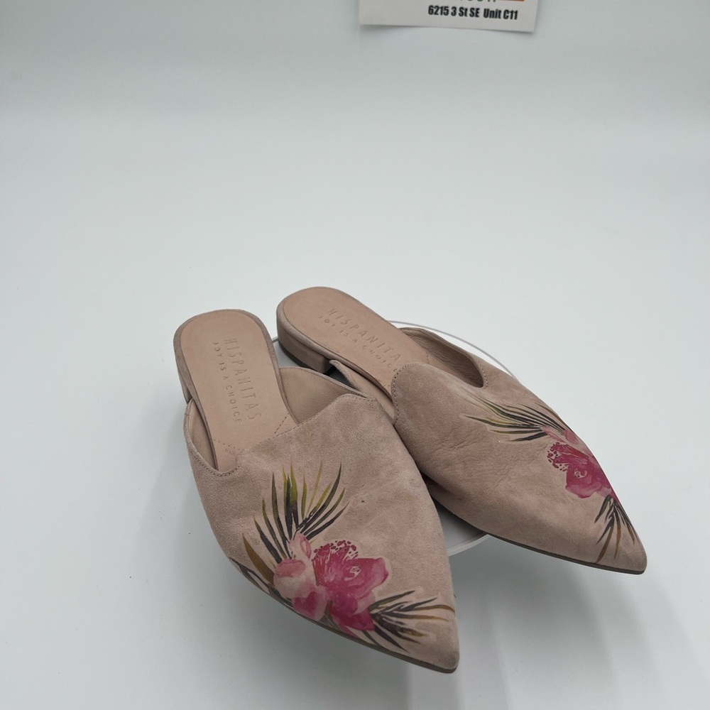 Pointed Toe Pink Floral Suede Mules
